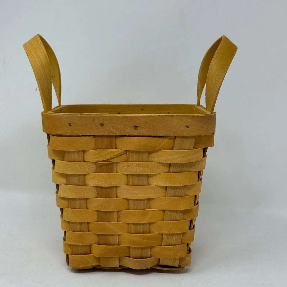 Square Woven Wood Splint Basket with Handles Natural Honey Brown Farmhouse Decor